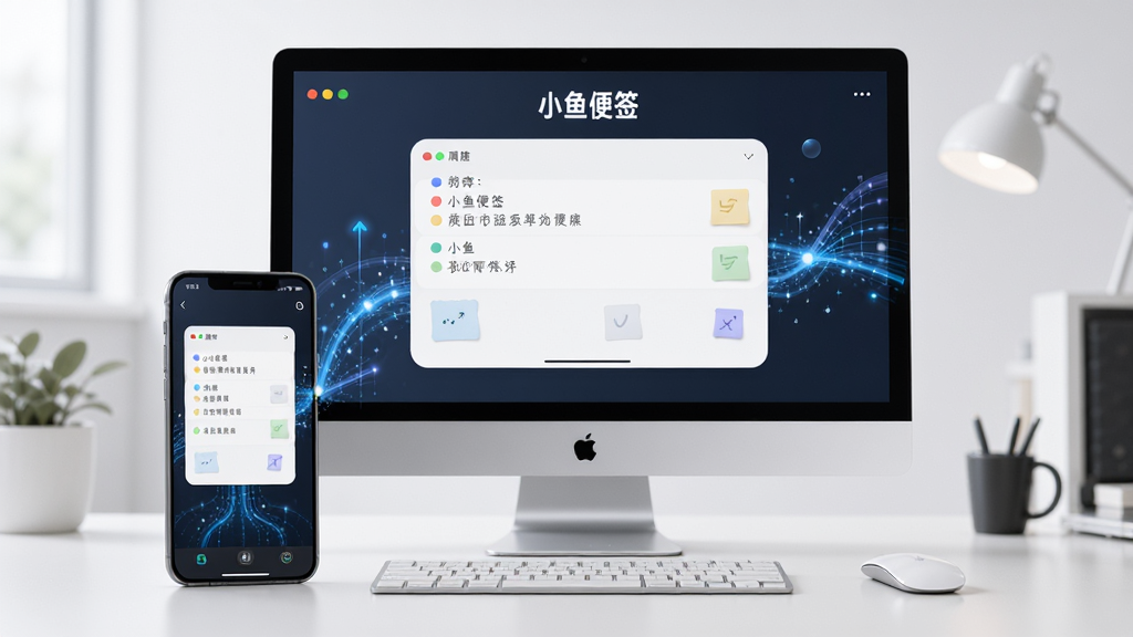 主体为一部手机和一台电脑并排,屏幕上显示同步的便签内容,其中电脑屏幕上有“小鱼便签”字样,布局对称,排版整洁,风格现代,细节包括数据流动的光效,画质高清,背景为简洁工作台,无多余元素