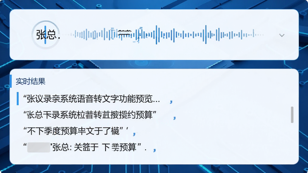 会议录音系统语音转文字功能预览,界面上方为声纹识别面板,下方为实时滚动的文字转写结果,文字内容用引号标注“张总:关于下季度预算…”,风格简洁清晰,科技蓝背景,画质干净