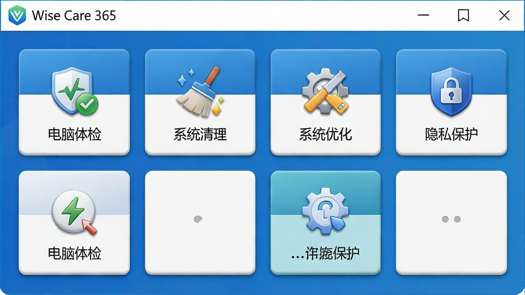 一幅展示Wise Care 365主界面的高清截图,主体为软件主窗口,包含“电脑体检”、“系统清理”、“系统优化”、“隐私保护”四大核心功能模块图标,布局清晰,排版整齐,风格现代简洁,色彩以蓝色和白色为主,细节展现各功能按钮的立体质感,画质清晰,干净无多余元素。