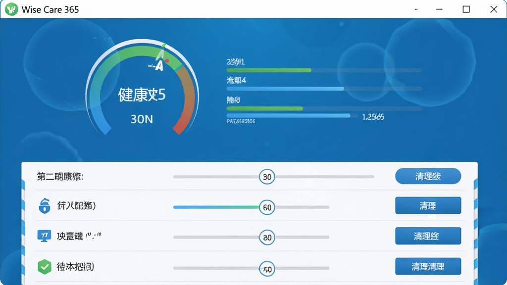 一幅Wise Care 365电脑体检功能的界面预览图,主体为体检结果页面,显示健康评分圆形仪表盘,下方列出各类待清理项目列表,布局规整,排版清晰,风格科技感强,蓝色主题色,细节包括进度条和清理按钮,画质细腻,干净无多余元素。