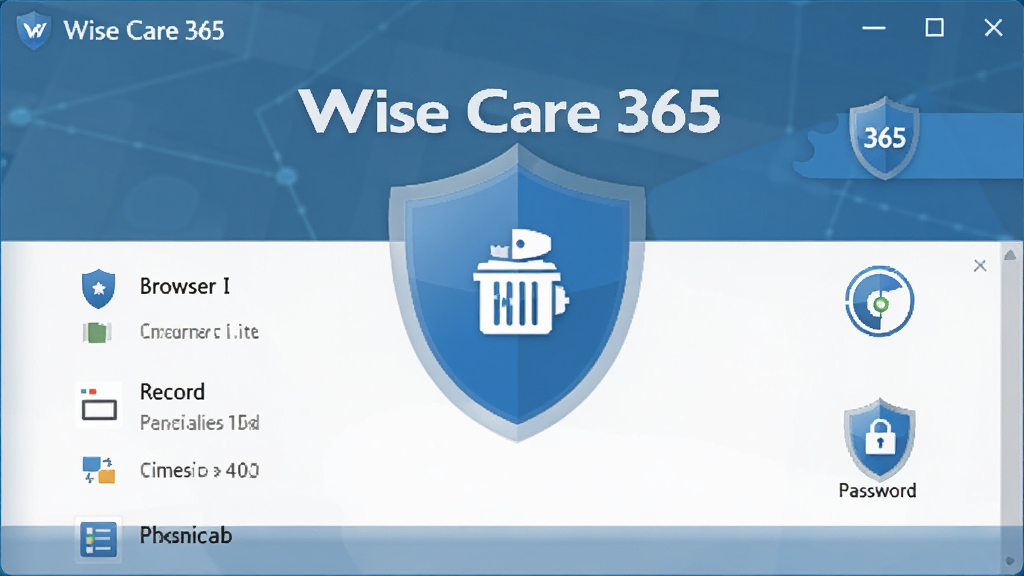 一幅Wise Care 365隐私保护功能的界面展示图,主体为隐私清理扫描列表,展示浏览器痕迹与文件记录项,布局简洁,排版清晰,风格安全可靠,蓝色盾牌元素点缀,细节包括粉碎机按钮与密码管理器图标,画质干净,无多余元素。