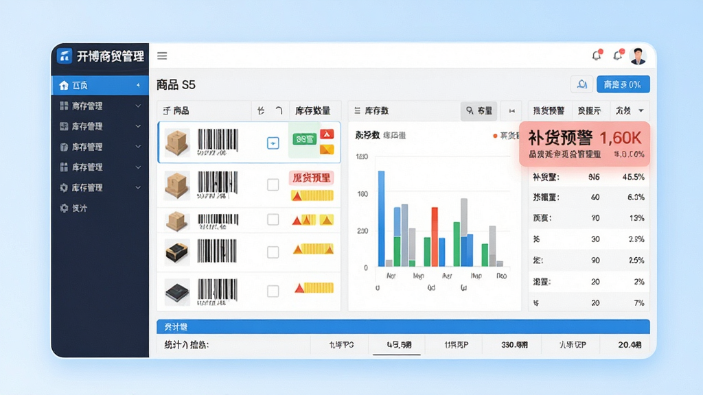 画面主体为开博商贸管理系统库存管理模块的截图展示,屏幕上显示商品列表、库存数量柱状图和补货预警提示。布局以软件界面为主体,左侧为功能导航栏,右侧为详细数据表格,底部有统计汇总条。排版采用屏幕截图加圆角边框的展示形式,背景为淡蓝色渐变。风格为扁平化设计,色彩明快,细节上每个商品行都有库存条码和预警颜色标记。画质清晰,干净无多余元素。