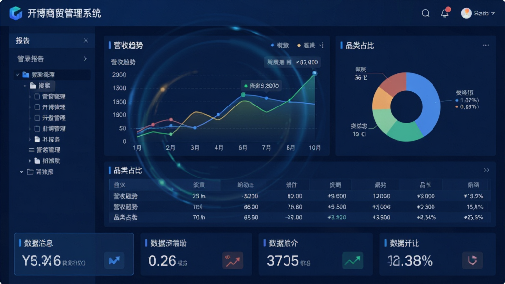 画面主体为开博商贸管理系统的财务报表页面,屏幕上显示折线图、饼图和数据表格,展示营收趋势和品类占比。布局以图表为中心,左侧为报表目录树,底部为数据汇总卡片。排版采用大屏驾驶舱风格,背景为深蓝色商务风。细节上图表带有动态效果,数据标签清晰。画质高清,干净无多余元素。