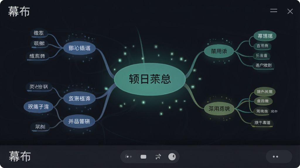 一张幕布软件演示模式的界面预览图,背景为深色,中央是放大的思维导图节点,文字清晰,节点周围有微光效果,底部有简单的控制按钮,整体风格专业且聚焦,标注有“幕布”字样,画质高清,无多余元素