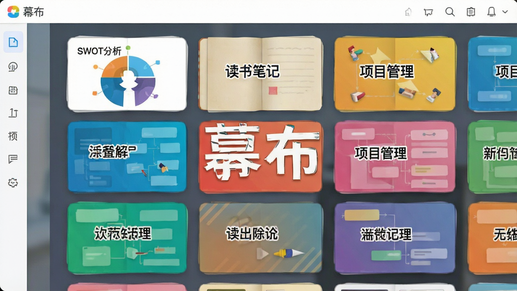 一张幕布软件模板选择界面的预览图,屏幕上展示着各种不同用途的模板卡片,例如“SWOT分析”、“读书笔记”、“项目管理”等,排列整齐,界面友好,色彩明快,突出“幕布”软件名称,画质干净,无多余元素