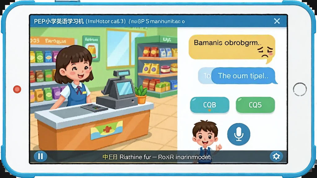 ����Ϊ��PEPСѧӢ��ѧϰ�����龰�Ի���ϰ���棬����Ϊƽ�����������Ƕ����������糬������̨�����Ҳ�Ϊ�Ի����ݺ�ѡ�ť��ѧ����ɫͷ�����·��������˷�ͼ���˵��������ײ�����Ӣ����Ļ�������Ϊ��ͨ��̬������ϸ�ڰ���NPC�ĶԻ������ͱ���仯�����ʸɾ����޶���Ԫ��