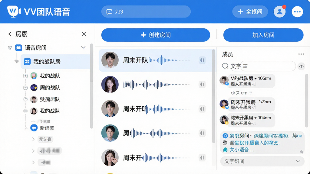主体:VV团队语音软件主界面,展示一个明亮整洁的语音房间列表,包含多个在线成员头像和语音波形动态。布局:界面采用左右分栏设计,左侧为房间和频道树形列表,右侧为成员列表和文字聊天区域,顶部为软件Logo和功能按钮。排版:信息层级分明,重点突出“创建房间”和“加入房间”两个主要操作按钮,色彩搭配以蓝色和白色为主,清新专业。风格:现代扁平化UI设计风格,图标线条简洁圆润,整体视觉干净清爽。细节:界面中显示“VV团队语音”字样Logo,房间列表中有“我的战队房”、“周末开黑房”等示例。画质:高清渲染,细节丰富,色彩准确,干净无多余元素。