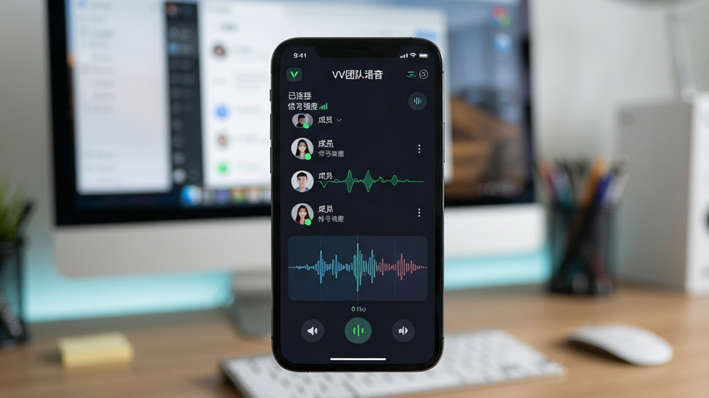 主体:展示VV团队语音的移动端APP使用场景,手机屏幕显示语音房间界面。布局:手机位于画面中央,屏幕正面展示软件界面,背景为虚化的电脑屏幕和办公桌。排版:手机屏幕上显示“VV团队语音”字样,以及正在进行的语音房间成员列表,波形图跳动。风格:写实摄影风格,光线柔和,浅景深效果。细节:手机界面清晰显示“已连接”和“信号强度”图标,周围环境整洁。画质:4K高清水准,细节毕现,画面纯净无杂物。