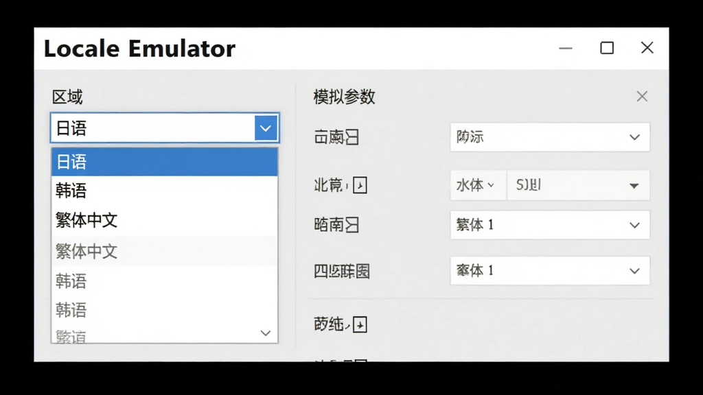 图片展示Locale Emulator的配置界面,左侧为区域选项下拉菜单,列表中包含“日语”、“韩语”、“繁体中文”等选项,右侧为模拟环境参数设置面板,背景为浅灰色,界面风格现代简约,软件名称“Locale Emulator”以黑色加粗字体显示在界面左上角,画质清晰,干净整洁。