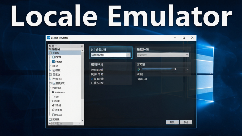 Locale Emulator 是一款Windows系统下的区域模拟工具,画面中央显示软件主界面,界面简洁,包含“运行时区域”、“模拟环境”等选项,左侧有程序列表,背景为深蓝色科技感风格,整体布局清晰,软件名称“Locale Emulator”以白色大号字体显示在界面顶部,画质高清,干净无多余元素。