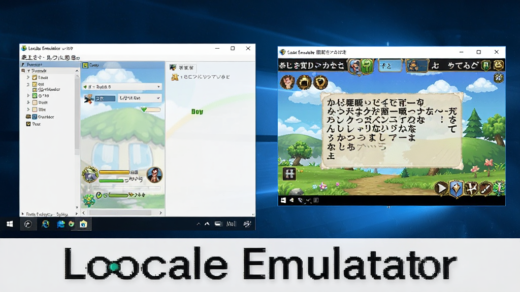 图片展示Locale Emulator在Windows系统中的实际使用效果,屏幕左侧为软件主界面,右侧为一个日文游戏窗口正常运行,无乱码,界面风格清新,色彩明亮,软件名称“Locale Emulator”以黑色字体显示在屏幕下方,整体布局合理,画质清晰,干净无多余元素。