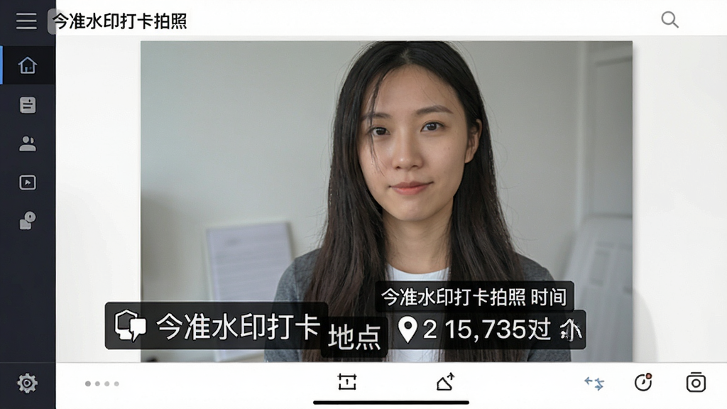 主体:今准水印打卡拍照应用界面展示,一张示例照片带有清晰的时间、地点、经纬度水印,底部有编辑工具栏。布局:照片占据画面中央,水印显示在照片底部,左侧有菜单栏。排版:规整,水印文字醒目。风格:简洁商务。细节:水印字体为黑色半透明底白字,界面有“今准水印打卡拍照”标识。画质:高清,干净,无多余元素。