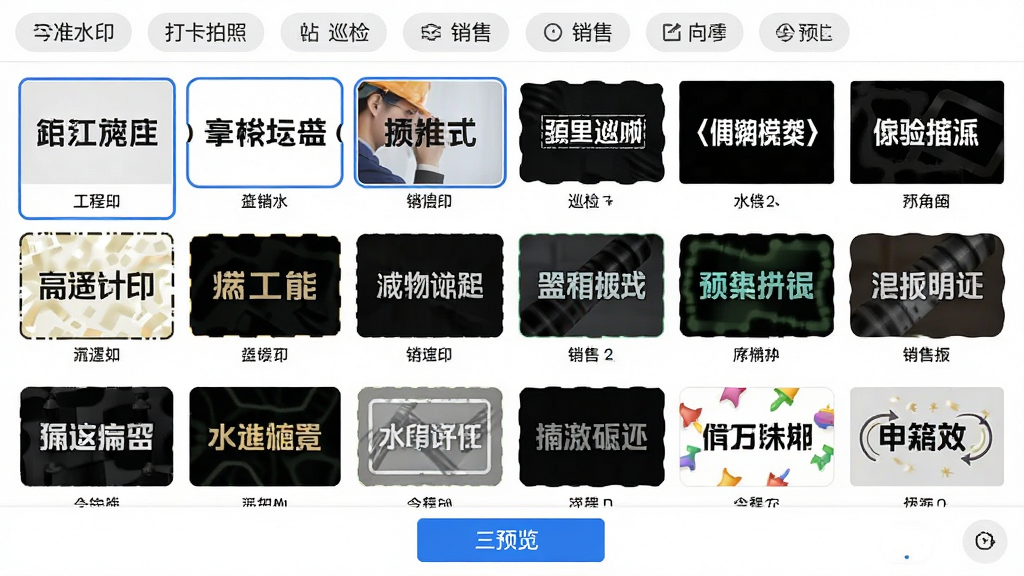 主体:今准水印打卡拍照的水印模板选择界面,网格状展示多种不同风格的水印模板,有工程、巡检、销售等分类标签。布局:模板以网格排列,顶部有分类标签栏,底部有预览按钮。排版:整齐,直观。风格:简洁,扁平化。细节:每个模板缩略图下方有名称,当前选中模板有蓝色边框。画质:高清,干净,无多余元素。