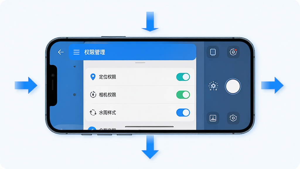 主体:智能手机横屏显示今准水印打卡拍照的操作界面,展示设置选项,包括定位权限、相机权限、水印样式等。布局:手机屏幕居中,周围有简洁的操作指示箭头。排版:清晰,步骤化。风格:科技感,蓝色调。细节:屏幕上显示“权限管理”菜单,有开关按钮。画质:高清,干净,无多余元素。