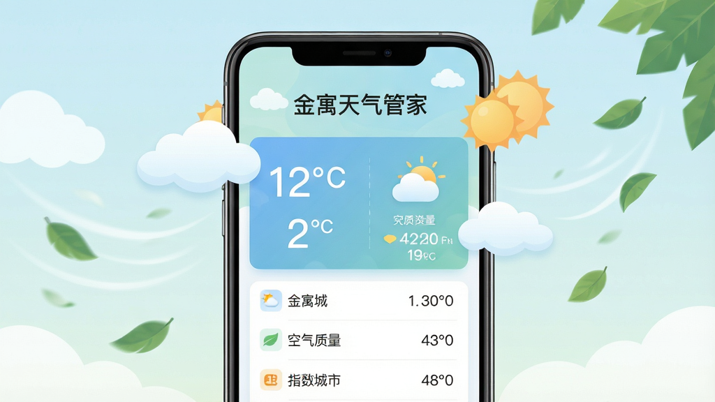 主体:金寓天气管家手机应用界面,展示当前城市天气信息;布局:手机居中,屏幕显示温度、天气图标、空气质量指数,周围有云朵和太阳装饰;排版:上方为“金寓天气管家”文字,下方为数据列表;风格:扁平化、清新自然;细节:界面色彩柔和,数据清晰可见,背景有微风吹动的树叶;画质:高清,干净,无多余元素