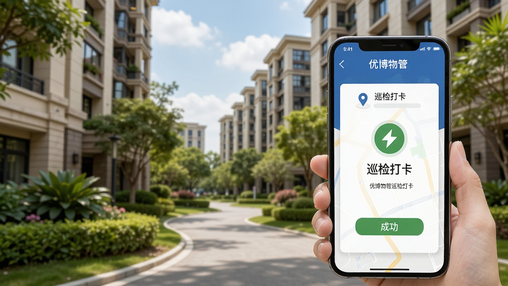 优博物管巡检打卡功能示意图,手机显示地图定位和打卡成功页面,背景有小区楼宇和绿植,界面有“优博物管”和“巡检打卡”文字,风格写实,清晰自然,画质干净