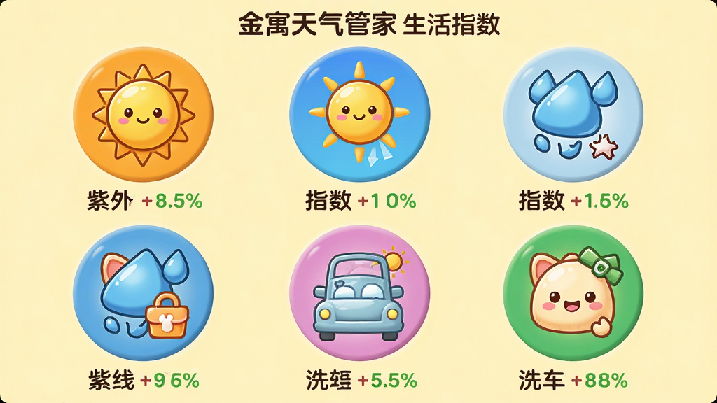 主体:“金寓天气管家”生活指数页面;布局:六个圆形图标排列成两行,每个图标下方有指数名称和等级;排版:图标居中,文字在下,整体对称;风格:卡通可爱;细节:每个图标颜色鲜艳,如太阳代表紫外线,雨滴代表洗车,背景为浅黄色;画质:高清,干净,无多余元素