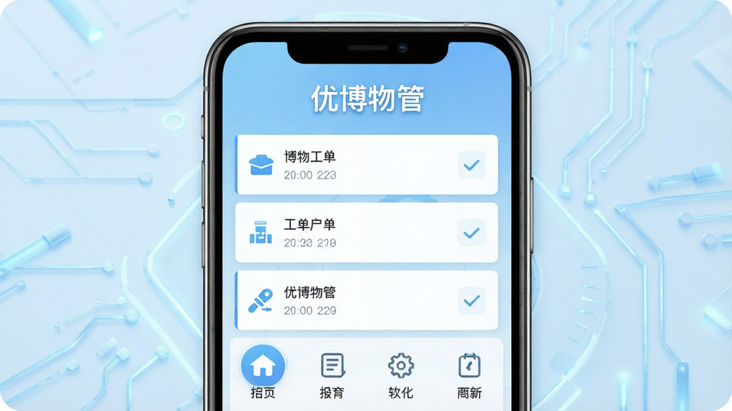优博物管软件主界面展示,手机竖屏布局,顶部显示“优博物管”字样,下方为工单列表和功能图标,背景为淡蓝色科技风格,界面简洁清晰,现代感强,画质干净,无多余元素