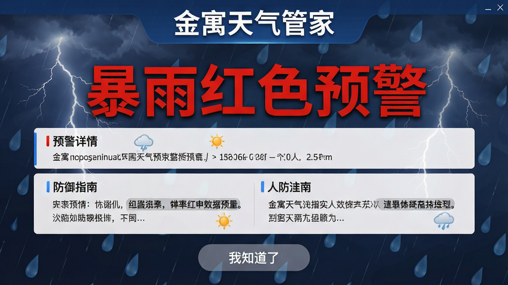 主体:“金寓天气管家”预警界面,显示暴雨红色预警;布局:顶部为预警标题,中部为预警详情和防御指南,底部为“我知道了”按钮;排版:图文结合,预警等级用红色大字标注;风格:严肃清晰;细节:背景有闪电和雨滴图案,文字醒目;画质:高清,干净,无多余元素
