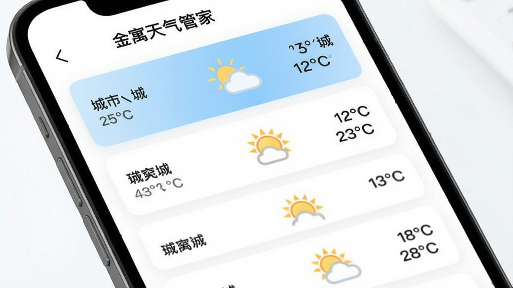 主体:手机屏幕展示“金寓天气管家”多城市天气列表;布局:列表从上到下排列多个城市卡片,每个卡片显示城市名、温度、天气图标;排版:左侧城市名,中间天气图标,右侧温度数值;风格:现代简约;细节:第一个城市高亮显示,背景为浅蓝色渐变;画质:高清,干净,无多余元素