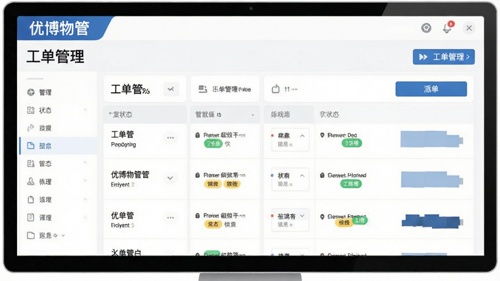 优博物管智能工单管理界面截图,显示工单列表、状态标签和派单按钮,界面采用卡片式设计,色彩清晰,文字标注“优博物管”和“工单管理”,整体风格专业,画质干净