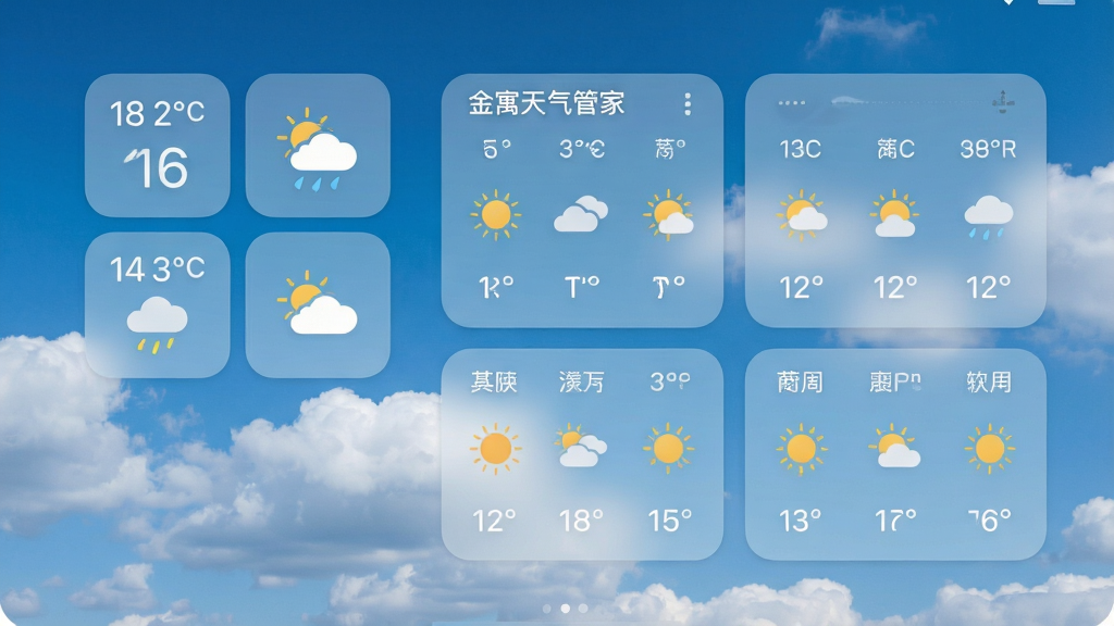 主体:手机桌面展示“金寓天气管家”的多种天气小组件;布局:桌面壁纸为风景照,左上角有2x2的小组件显示温度和天气图标,中间有4x2的小组件显示一周预报;排版:小组件半透明,与壁纸融合;风格:简约美观;细节:壁纸为蓝天白云,小组件字体清晰;画质:高清,干净,无多余元素
