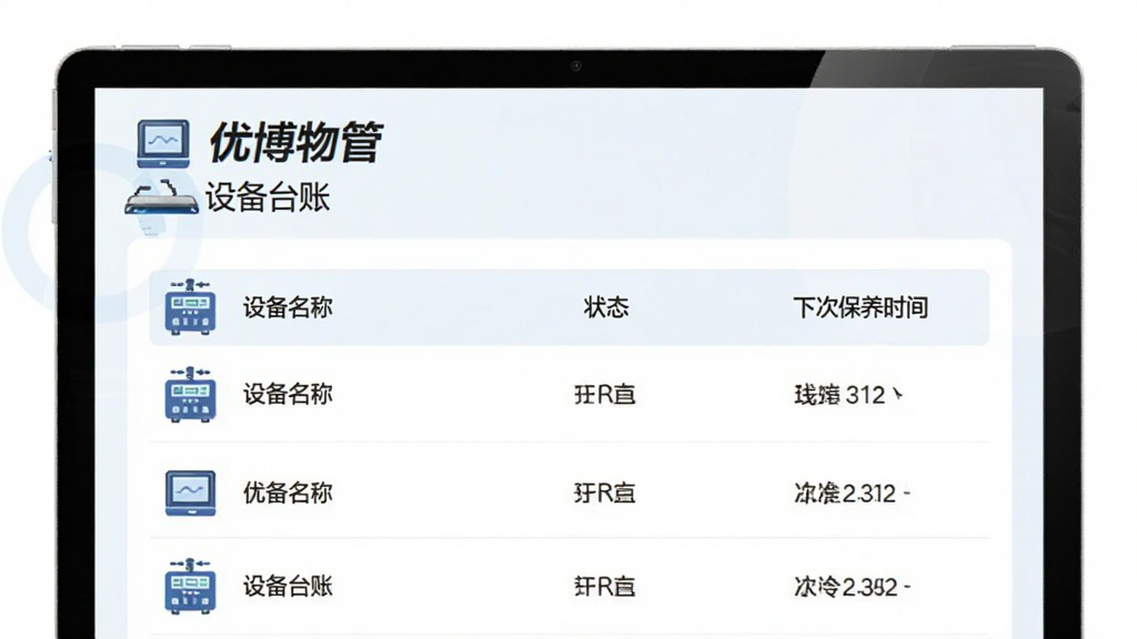 优博物管设备台账列表页面,展示设备名称、状态和下次保养时间,界面以浅色背景为主,配有设备图标,文字显示“优博物管”和“设备台账”,风格简洁商务,画质干净