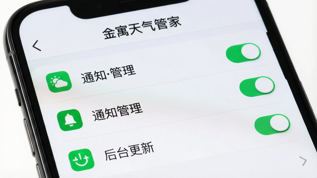 主体:手机屏幕显示“金寓天气管家”设置页面,突出“通知管理”和“后台更新”选项;布局:设置列表从上到下排列,每个选项右侧有开关;排版:选项文字清晰,开关状态明显;风格:简洁实用;细节:背景为浅灰色,选项图标为绿色;画质:高清,干净,无多余元素