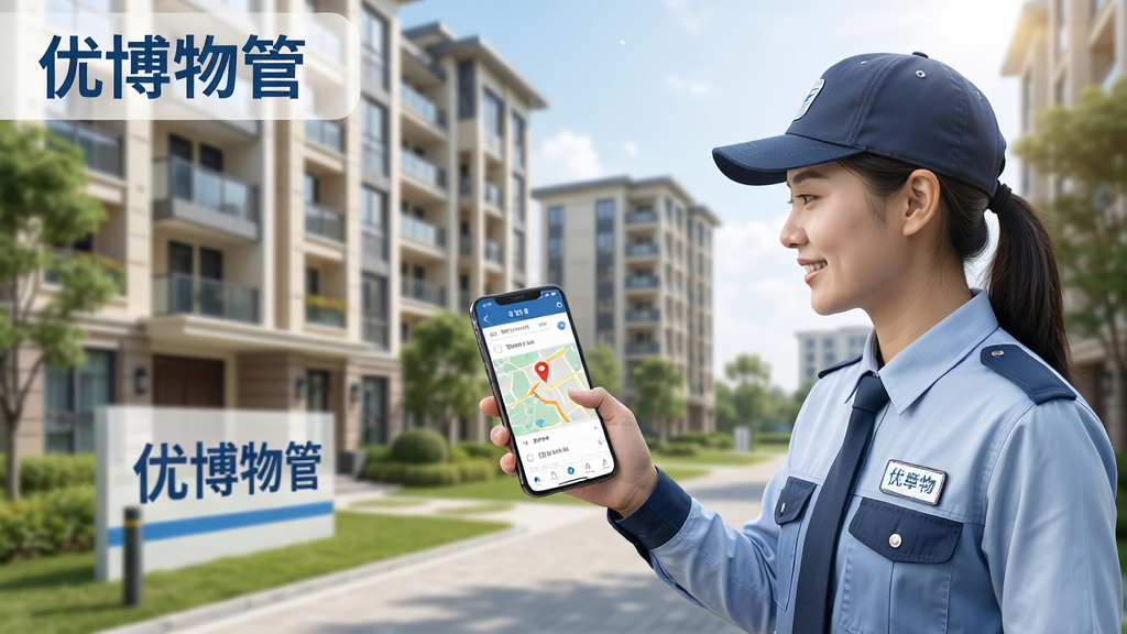 优博物管使用场景示意图,物业人员手持手机在小区内操作,界面显示工单列表和定位地图,背景为现代化住宅楼,画面明亮清晰,有“优博物管”文字标识,自然真实,画质干净