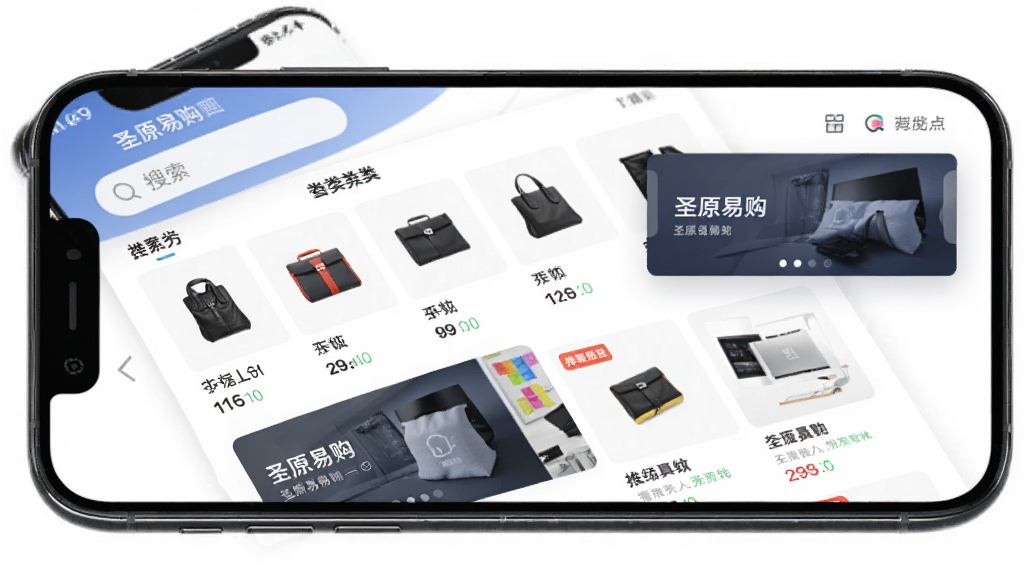 圣原易购app界面预览图,主体为智能手机屏幕展示购物首页,布局清晰展示商品分类和推荐位,排版简洁明快,风格现代商务,细节包含搜索框和轮播图,画质高清干净,无多余元素