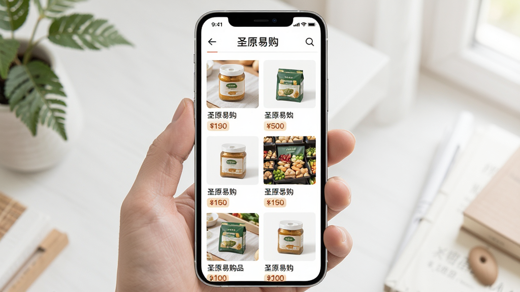 圣原易购商品浏览页面,主体为手机屏幕展示商品列表,布局采用瀑布流形式,排版整齐有序,风格清新自然,细节包括商品缩略图和价格标签,画质细腻干净,无多余元素