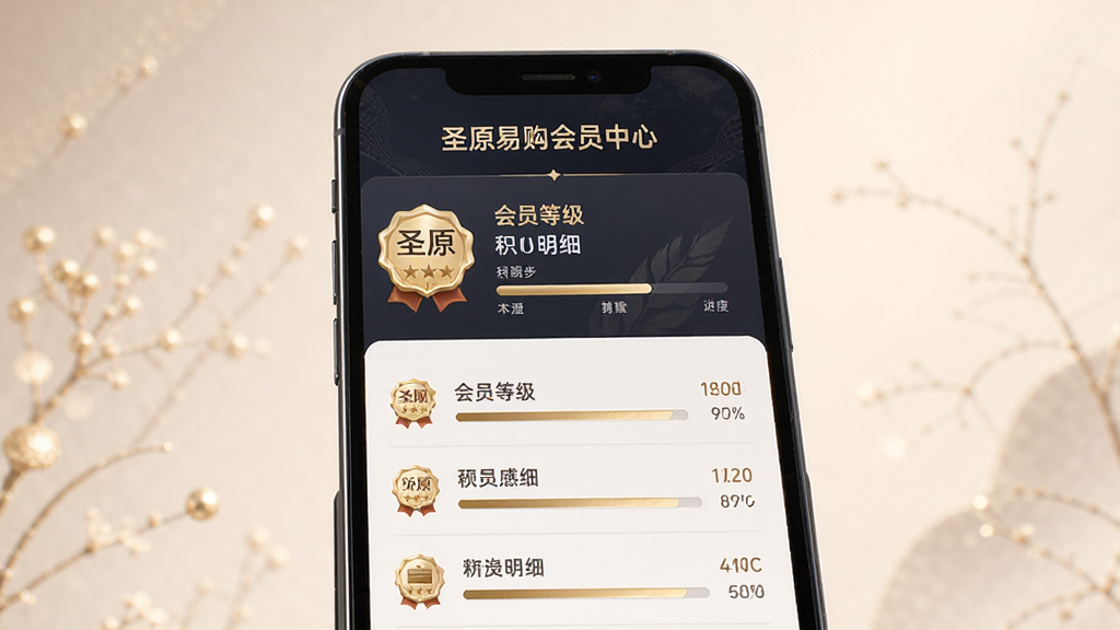 圣原易购会员中心界面,主体为手机屏幕展示会员等级和积分明细,布局以列表形式呈现,排版精致优雅,风格尊贵大气,细节包含会员徽章和进度条,画质柔和干净,无多余元素