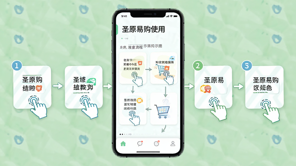 圣原易购使用教程示意图,主体为手机屏幕展示购物流程步骤,布局以流程图形式呈现,排版清晰直观,风格教学友好,细节包含点击手势和步骤编号,画质干净明亮,无多余元素