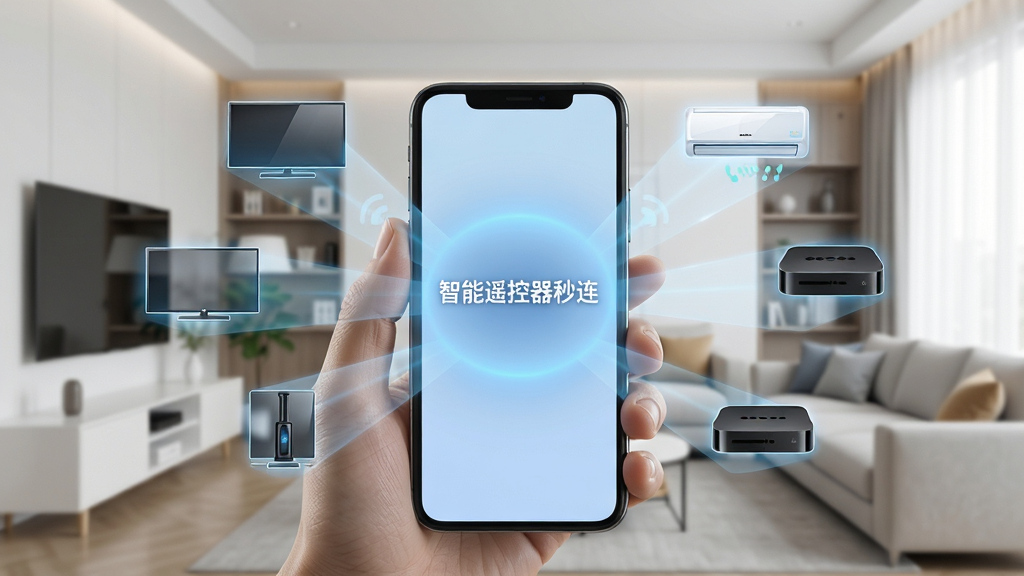 画面主体为一部握在手中的智能手机,屏幕正中央显示“智能遥控器秒连”的APP界面并发出柔和蓝光,手机前方悬浮着电视、空调、机顶盒等家用电器的全息投影图标,布局以手机为中心向四周散射,排版错落有致,背景为简洁明亮的现代客厅,整体风格科技感十足,细节丰富,画质高清干净,无多余元素