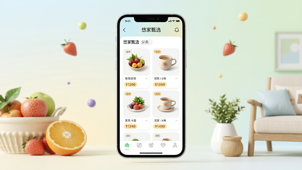 主体:悠家甄选APP界面立体展示,手机屏幕内显示商品分类与精美商品图。布局:手机居中,背景为淡雅渐变色,周围点缀新鲜水果与家居小物。排版:简洁现代,屏幕内UI清晰,顶部有“悠家甄选”字样。风格:清新明亮,偏电商质感。细节:商品卡片带价格标签,底部有导航栏图标。画质:超清渲染,干净无多余元素。