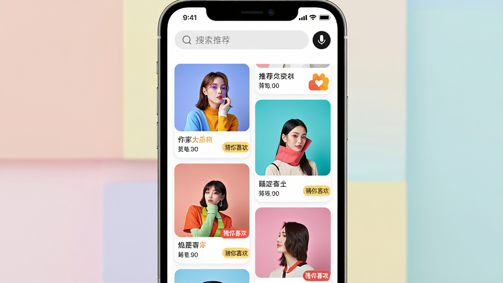主体:手机屏幕显示悠家甄选APP的个性化推荐页面,商品瀑布流布局。布局:手机居中,背景为柔和色块,推荐商品卡片错落有致。排版:卡片式设计,图片为主,文字为辅。风格:现代时尚,活力多彩。细节:每个商品卡片右下角有“猜你喜欢”小标签,顶部搜索栏有语音图标。画质:细腻清晰,无杂乱元素。