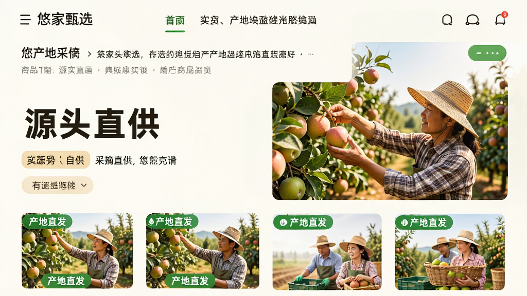 主体:悠家甄选APP内“源头直供”板块页面,展示果园实拍与采摘过程。布局:左文右图,上方为产地介绍,下方为商品列表。排版:信息层级分明,产地标签醒目。风格:自然写实,温暖阳光。细节:图片中果农正在采摘,商品卡片标注“产地直发”。画质:高清细腻,干净明亮。