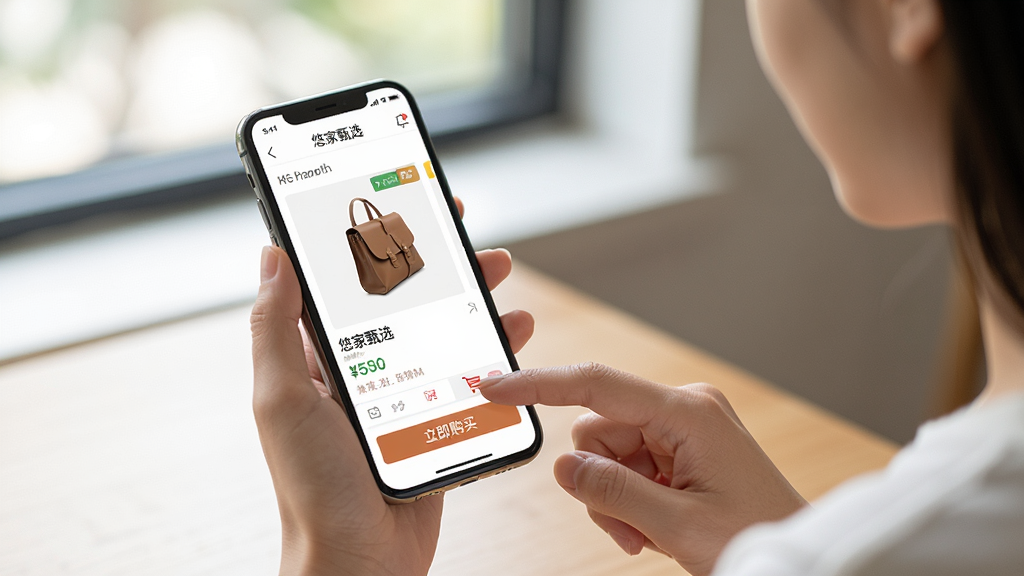 主体:用户手持手机查看悠家甄选APP商品详情页,另一只手点击购买。布局:人物半身,手机屏幕清晰显示商品与价格。排版:画面干净,突出手机界面。风格:生活化,自然光。细节:手机屏幕上有“立即购买”按钮。画质:高清写实,无多余元素。