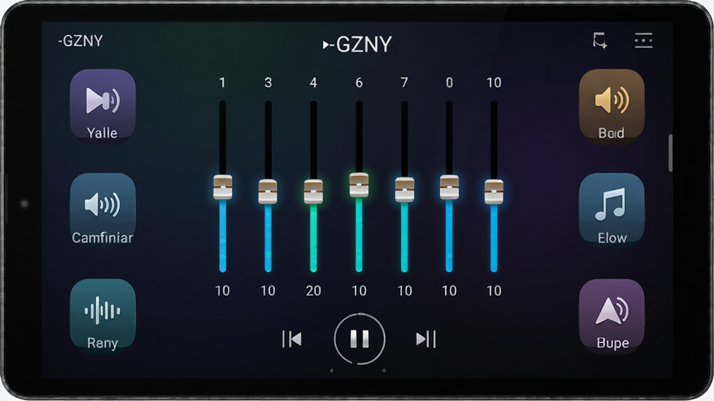 展示畅听音乐播放器-GZNY的音效调节界面,屏幕中央显示10段均衡器滑块,周围有各种预设音效图标,背景为深色渐变,滑块颜色明亮,界面布局清晰,风格简洁,细节丰富,画质高清,无多余元素