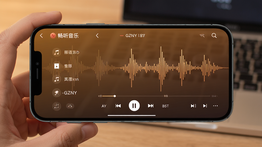 展示畅听音乐播放器-GZNY在手机上的使用场景,手机横屏显示播放列表,背景为音乐波形图,色调温暖,布局美观,风格现代,细节清晰,画质高清,无多余元素