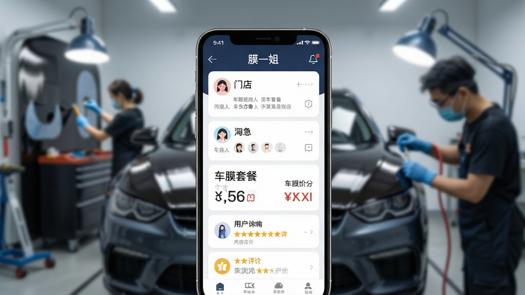 主体:一款智能手机屏幕展示“膜一姐”APP界面,周围环绕汽车贴膜施工场景。布局:手机居中,背景虚化处理,突出APP界面。排版:界面清晰显示门店列表、车膜套餐价格、用户评价。风格:现代简约,科技感,高清。细节:车膜光泽质感,界面图标精致。画质:8K超清,干净,无多余元素。