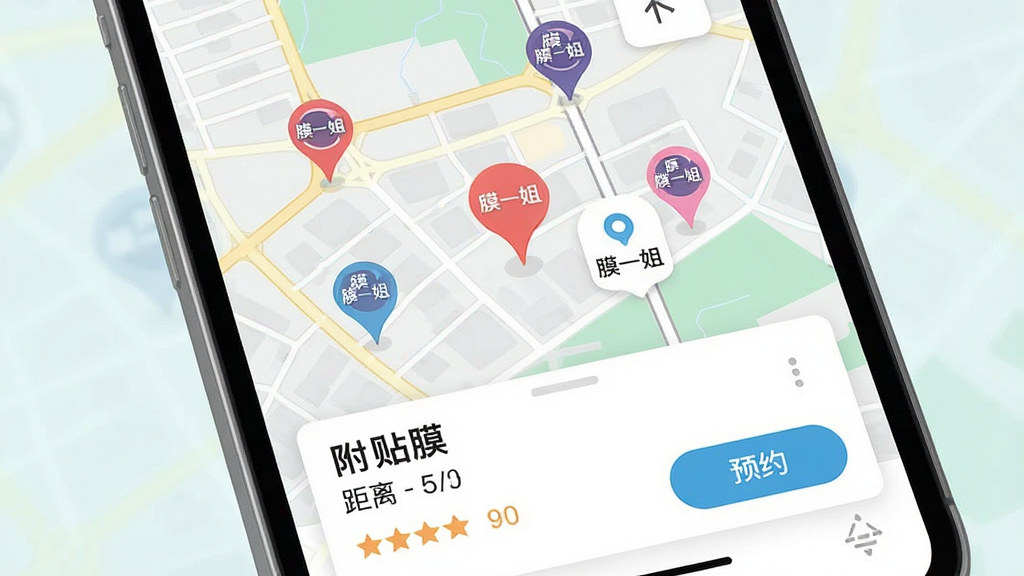主体:手机地图界面显示附近贴膜门店分布。布局:地图占主画面,底部弹出门店详情卡片。排版:门店名称、距离、评分、预约按钮清晰排列。风格:扁平化设计,色彩清新。细节:地图上带有“膜一姐”品牌标识的图钉。画质:高清,干净,无多余元素。