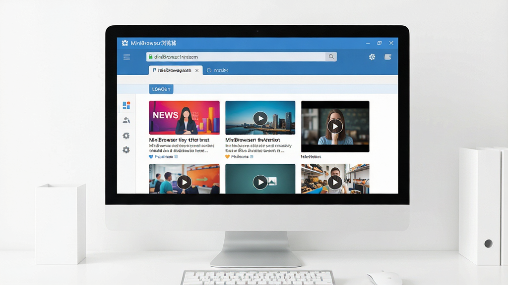 一幅现代简约风格的电脑桌面场景,屏幕中央清晰显示“MiniBrowser浏览器”的主界面,界面采用扁平化设计,以蓝白为主色调,地址栏和标签栏位于顶部,页面加载出色彩丰富的新闻资讯和视频缩略图,周围环境整洁明亮,整体画面干净清晰,突出浏览器的轻巧与高效,画质高清,无多余元素