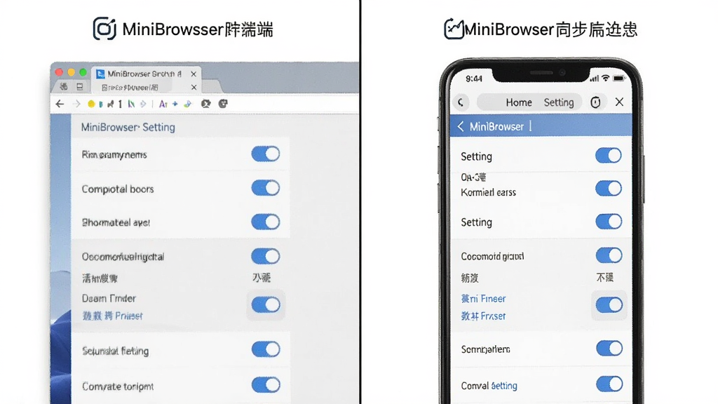 一张分屏对比图,左侧是电脑端MiniBrowser浏览器的设置界面,右侧是手机端MiniBrowser浏览器的设置界面,界面风格统一,均以蓝色开关按钮为主,背景干净,画面清晰,突出跨设备同步功能,风格写实,画质高清,无多余元素