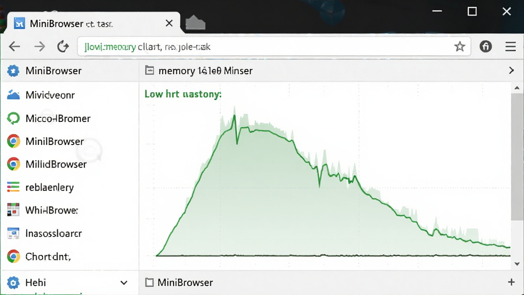 一个清爽的电脑任务管理器窗口截图,其中MiniBrowser浏览器的内存占用曲线显著低于其他浏览器,曲线以绿色显示,背景为淡灰色系统界面,画面简洁明了,突出低内存占用的优势,风格写实清晰,画质干净,无多余元素
