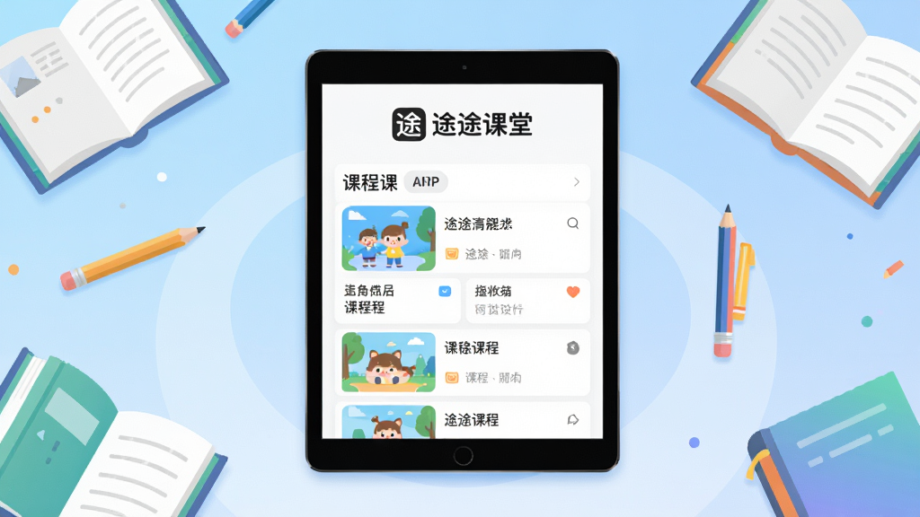 主体:途途课堂APP的界面截图展示,画面中央是一个平板电脑,屏幕上显示着“途途课堂”的LOGO和课程列表,背景为柔和的渐变蓝色,周围有书本、铅笔等学习元素点缀,布局:居中构图,平板为主要视觉焦点,四周留白,排版:简洁清晰,突出APP界面,风格:现代扁平化插画风格,色彩明亮,细节:屏幕上的文字清晰可读,画质:高清,干净,无多余元素