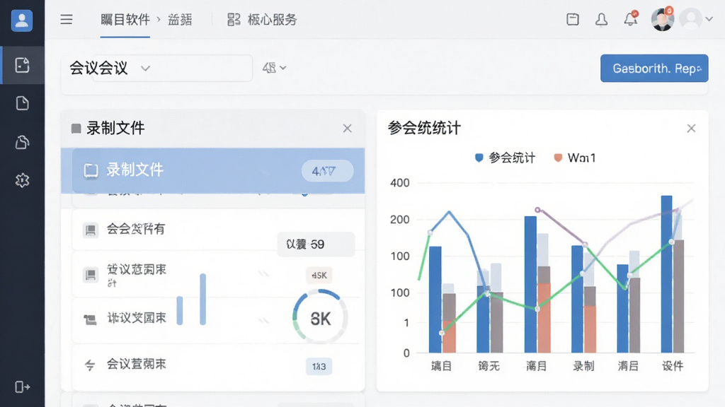 瞩目软件会议管理后台界面,显示会议列表、录制文件、参会统计图表,界面整洁数据清晰,现代扁平化设计,画质干净无多余元素