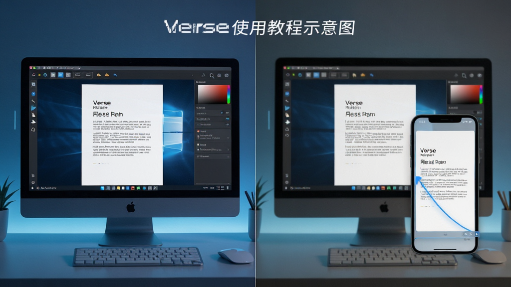 Verse使用教程示意图,展示电脑端与手机端同时操作同一文档的同步界面,分屏对比布局,现代科技感,画质清晰,无多余元素