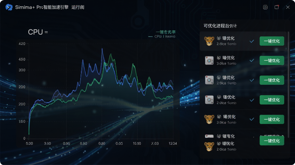 Simba+ Pro智能加速引擎运行界面,屏幕中央显示CPU与内存占用率的实时曲线图,右侧列出可优化的后台进程列表,每个进程旁设有绿色“一键优化”按钮,背景为深色科技感风格,搭配流动的光效,画质清晰,构图专业,无多余干扰元素。