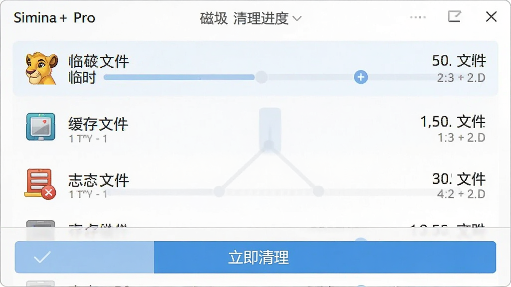 Simba+ Pro磁盘清理进度界面,显示扫描出的垃圾文件分类及大小,如临时文件、缓存文件、日志文件等,每个类别前有彩色图标,底部为“立即清理”按钮,界面采用浅色系设计,列表清晰,数据可视化呈现,画质干净,无多余元素。